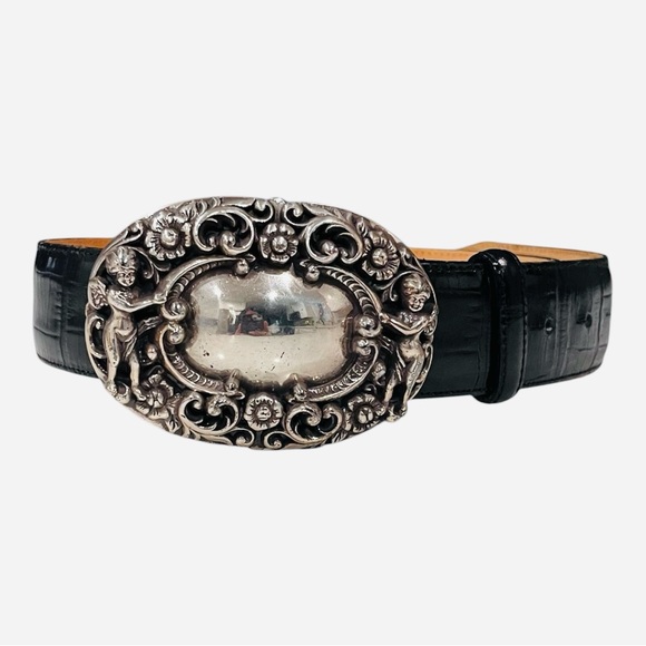 BRIGHTON 1995 Cherub Buckle Crocodile Embossed Black Leather Belt Size Small - Picture 1 of 9